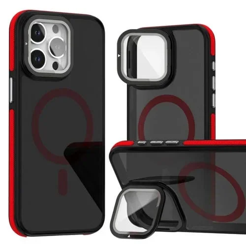 Estuche para Teléfono iPhone 16 Pro con Película para Lentes Magsafe Tacto de Piel Soporte Plegable (Rojo)