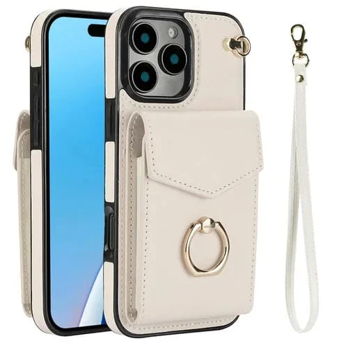Estuche para Teléfono iPhone 16 Pro con Ranura para Tarjeta Rfid y Soporte de Anillo (Beige)