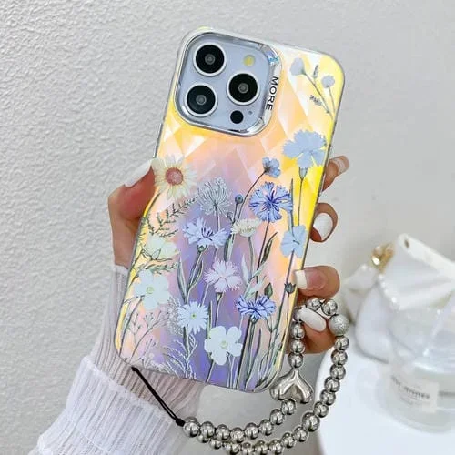 Estuche para Teléfono iPhone 16 Pro Max con Flor Láser Galvanizada y Correa para Muñeca (Crisantemo Ah5)