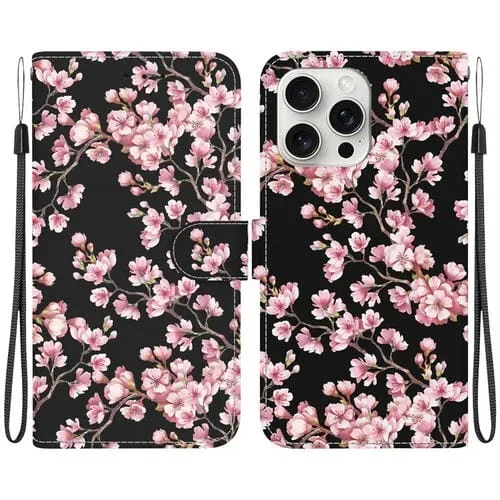 Estuche para Teléfono iPhone 16 Pro Max Cuero Dibujo Coloreado Textura de Cristal (Flor de Ciruelo)