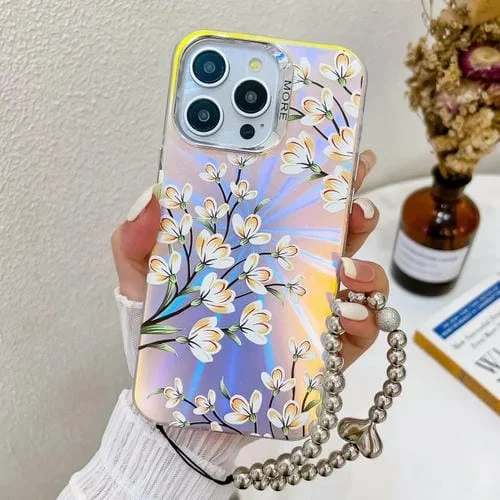 Estuche para Teléfono iPhone 16 Pro Pear Blossom Ah17 con Flor Láser Galvanizada y Correa para Muñeca