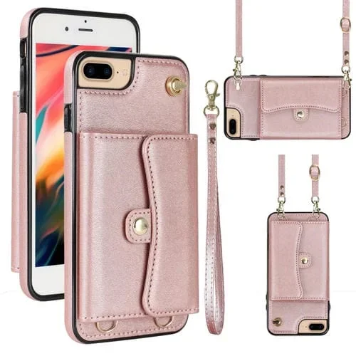 Estuche para Teléfono iPhone 8 Plus 7 Plus con Ranura para Tarjeta RFID y Cordón Largo (Oro Rosa)