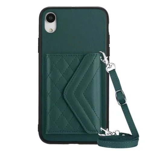 Estuche para Teléfono iPhone Xr con Bolsa para Tarjetas Rfid Textura Rómbica y Cordón Largo (Verde)