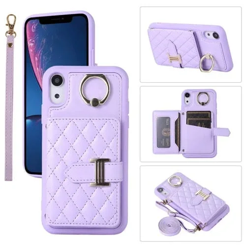 Estuche para Teléfono iPhone Xr con Soporte de Anillo y Bolsa de Tarjeta Horizontal con Cordón Doble (Púrpura Oscuro)