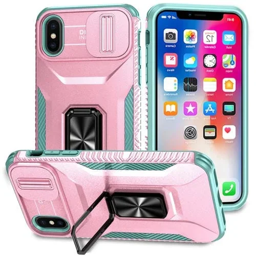 Estuche para teléfono iPhone Xr con soporte deslizante para levas (Rosa + Gris Verde)