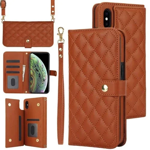 Estuche para Teléfono iPhone Xr Crossbody Cuero Rómbico Multifunción (Marrón)