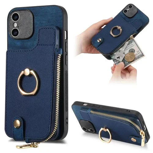 Estuche para Teléfono iPhone Xs Max con Billetera Cremallera Vertical y Anillo de Cuero (Azul)
