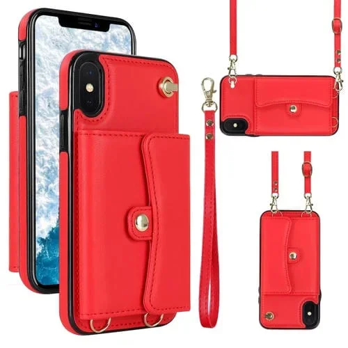 Estuche para Teléfono iPhone Xs Max Ranura Tarjeta Rfid Cordón Largo (Rojo)