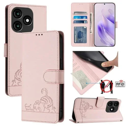 Estuche para Teléfono Itel A70 Cat Rat Cuero Rfid con Patrón En Relieve y Cordón (Rosa)