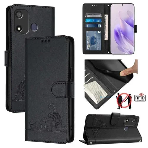 Estuche para Teléfono Itel P17 / A27 Cuero Rfid con Patrón en Relieve y Cordón (Negro)