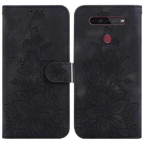 Estuche para Teléfono LG K41S K51S Cuero en Relieve Lily (Negro)