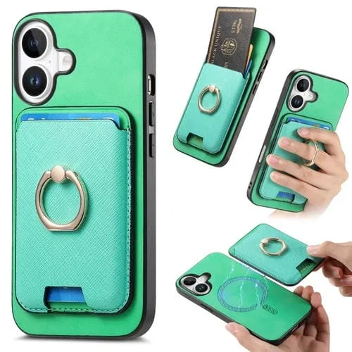 Estuche para Teléfono Magsafe con Tarjetero de Cuero Estilo Retro Cruzado para iPhone 16 (Verde)