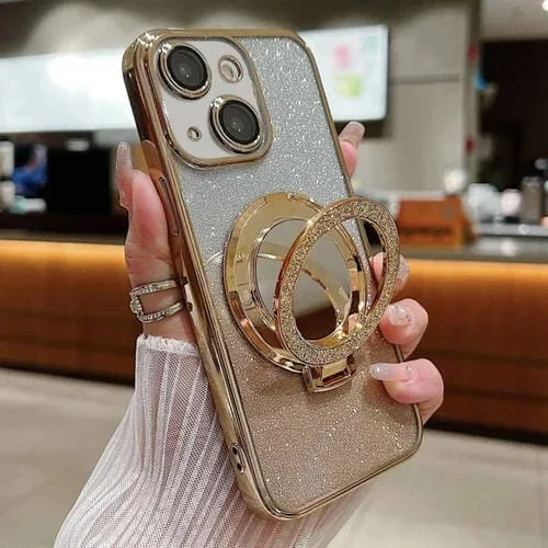 Estuche para Teléfono Magsafe iPhone 13 Mini Purpurina Degradada Soporte Espejo Chapado (Dorado)