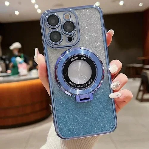 Estuche para Teléfono Magsafe iPhone 15 Pro con Soporte Galvanizado y Brillo Degradado (Azul)