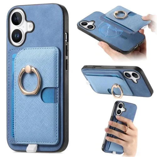 Estuche para Teléfono Magsafe iPhone 16 Plus con Inserción Lateral de Tarjeta y Anillo de Cuero (Azul)