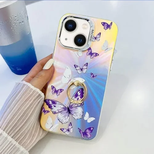 Estuche para teléfono para iPhone 13 con soporte para anillo de mariposa láser con galvanoplastia (Mariposas Moradas Blancas Ab6)