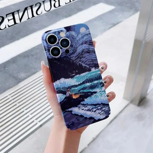 Estuche para teléfono PC iPhone 14 con patrón de pintura al óleo y orificio preciso (Ola Marina)