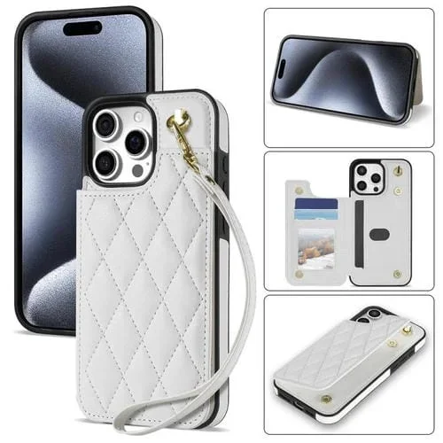 Estuche para Teléfono Rombal iPhone 14 Pro Ranuras Tarjetas Hebilla Doble Cordón (Blanco)