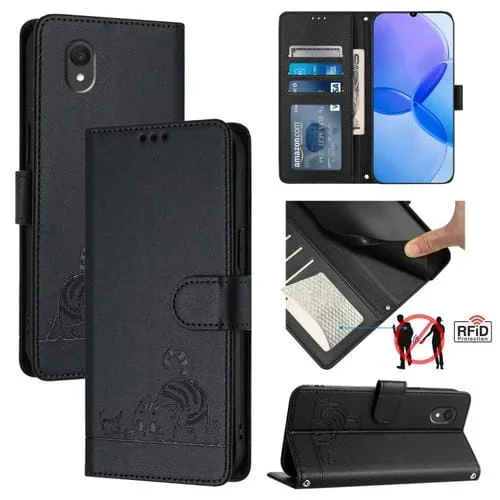 Estuche para Teléfono TCL 201 CAT Rat Cuero RFID con Patrón en Relieve y Cordón (Negro)
