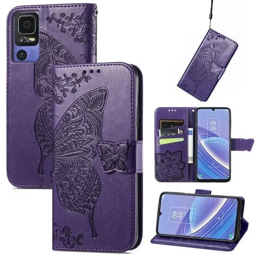 Estuche para Teléfono TCL 40 Se Butterfly Love Flower Cuero en Relieve (Púrpura)
