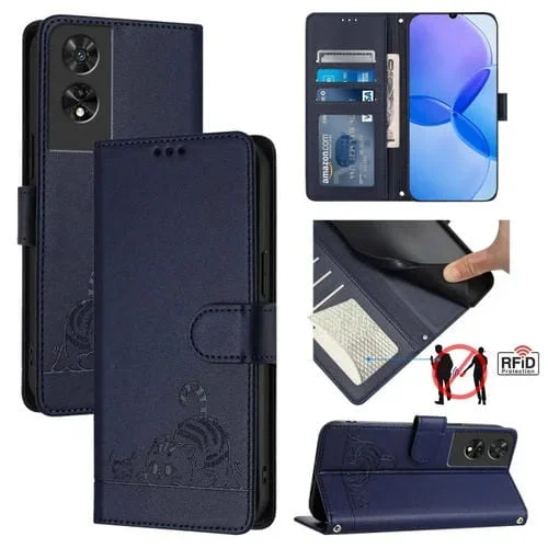 Estuche para Teléfono TCL 505 CAT Rat Cuero RFID con Patrón en Relieve y Cordón (Azul)