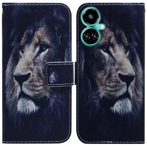 Estuche para Teléfono Tecno Camon 19 de Cuero con Dibujo Coloreado (León)