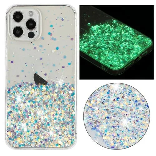Estuche para teléfono TPU iPhone 12 Pro con polvo de brillo noctilucente y marco Transparente (Blanco)