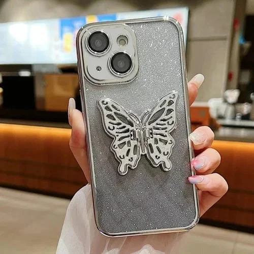 Estuche para teléfono TPU iPhone 15 Mariposa 3D Brillo Degradado Galvanizado (Plateado Degradado)