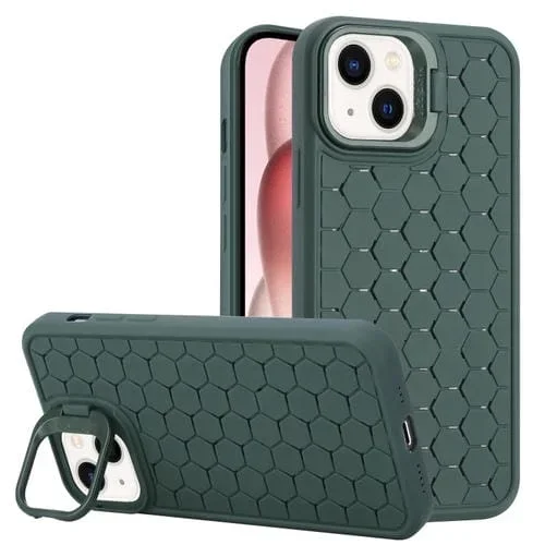 Estuche para teléfono TPU iPhone 15 Plus con soporte para Lente radiante de panal (Verde)