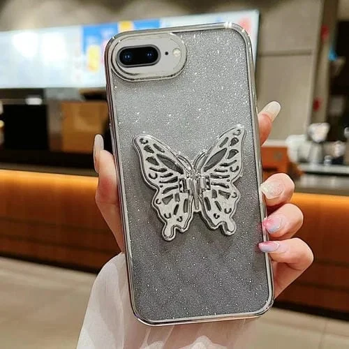 Estuche para Teléfono TPU iPhone 7 Plus/8 Plus Mariposa 3D Brillo Degradado Galvanizado (Plata)