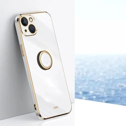 Estuche para teléfono Xinli iPhone 15 TPU Electrochapado 6D Borde Recto Soporte para Anillo (Blanco)