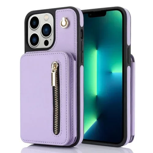 Estuche para Teléfono Ym006 para iPhone 13 Pro con Bolsa para Tarjetas y Cremallera con Cordón Doble (Púrpura Claro)