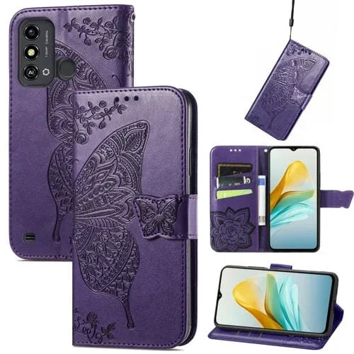 Estuche para ZTE Blade A53 Butterfly Love Flower en Cuero en Relieve (Púrpura Oscuro)