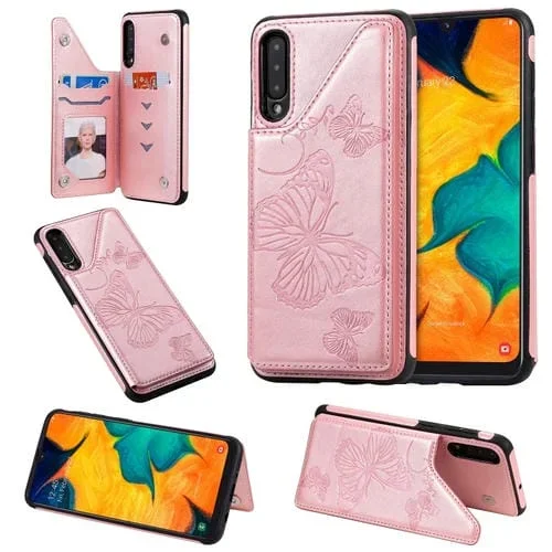 Estuche Protector Galaxy A50 a Prueba de Golpes con Patrón Relieve Mariposa Soporte Ranuras Tarjetas Marco Fotos (Oro Rosa)