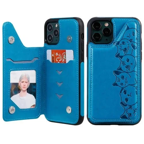 Estuche Protector iPhone 11 Pro Six Cats con Soporte Ranuras y Marco de Fotos (Azul)