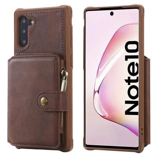 Estuche Protector para Galaxy Note 10 a Prueba de Golpes con Cremallera Ranuras para Tarjetas Soporte y Billetera (Café)
