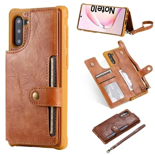 Estuche Protector para Galaxy Note 10 con Cremallera Hebilla Soporte Ranuras Tarjetas Billetera Cordón Marco de Fotos (Marrón)