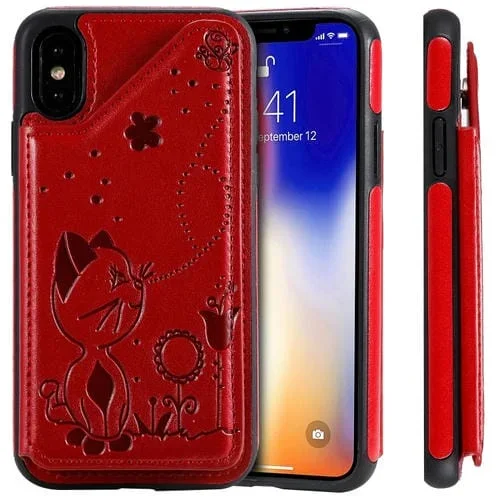 Estuche protector para iPhone Xs Cat Bee patrón en relieve a prueba de golpes con ranuras para tarjetas marco de fotos (Rojo)