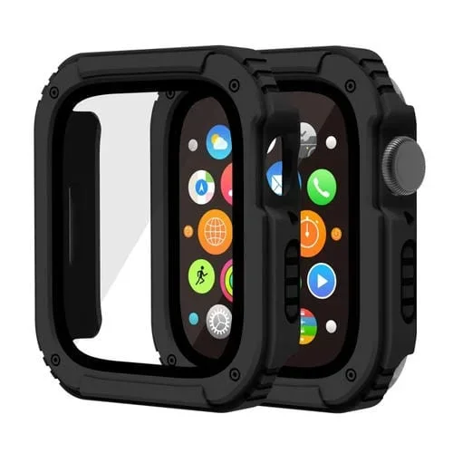 Estuche Protector + Película de Vidrio Templado + Apple Watch Series 8/7 + 41mm + 2 En 1 + (Negro)