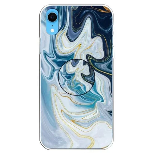 Estuche Protector TPU Mármol Barnizado con Soporte para iPhone Xr (Gold Line Blue)