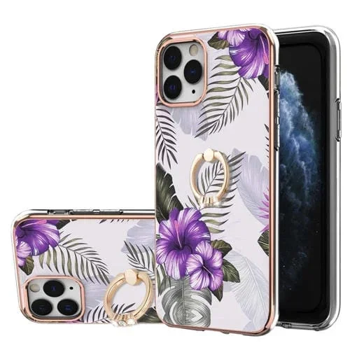 Estuche TPU iPhone 11 Pro Max Patrón Galvanoplastia con Soporte Anillo Diamantes (Flor Púrpura)