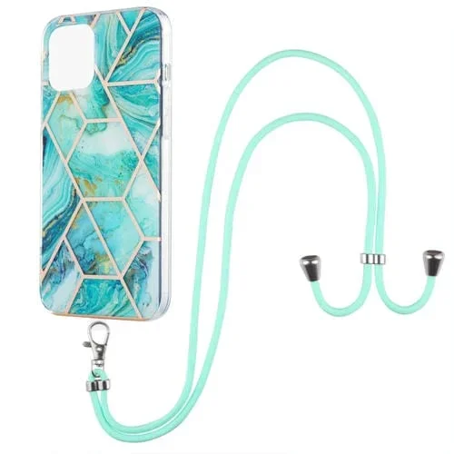Estuche TPU iPhone 13 Pro Galvanoplastia Empalme Mármol Doble Cara con Cordón (Azul)
