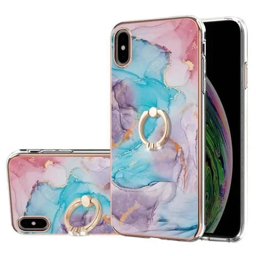 Estuche TPU iPhone Xs Max Patrón Galvanoplastia Imd Soporte Anillo Diamantes (Mármol Azul)