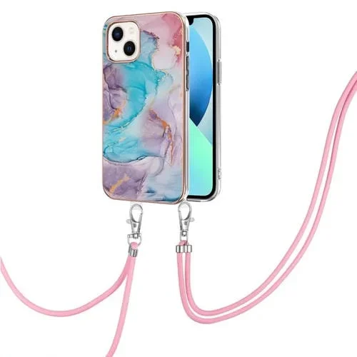 Estuche TPU para iPhone 14 Patrón de Galvanoplastia Imd a Prueba de Golpes con Cordón para Cuello (Mármol Azul de la Vía Láctea)