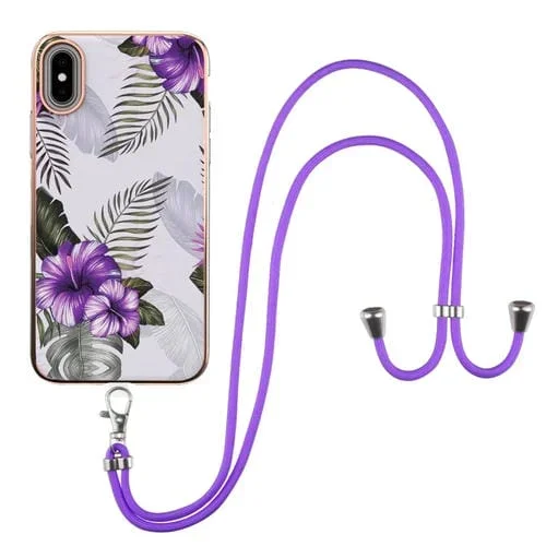 Estuche TPU para iPhone Xs Max Galvanoplastia Patrón Imd a Prueba de Golpes con Cordón (Flor Púrpura)