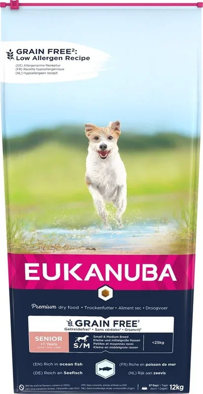 Eukanuba Alimento para Perros sin Cereales con Pescado Azul para Razas Pequeñas y Medianas, Alimento Seco para Perros de Edad Avanzada, Senior, 12kg