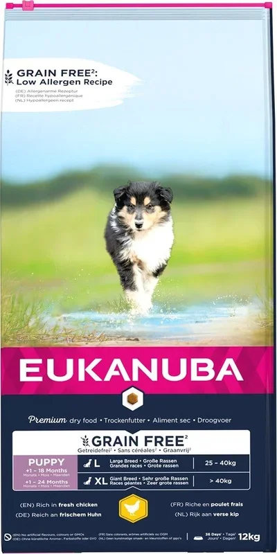 EUKANUBA Grain Free, Alimento para Cachorros de Razas Grandes y Gigantes, Rico en Pollo, 12kg