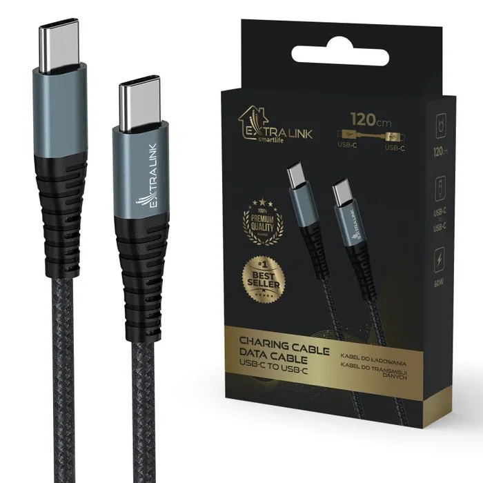 Extralink smart life usb tipo-c a tipo-c negro | cable usb-c a usb-c | 120cm