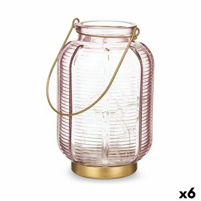 Farol led rayas rosa dorado vidrio 13,5 x 22 x 13,5 cm (6 unidades)