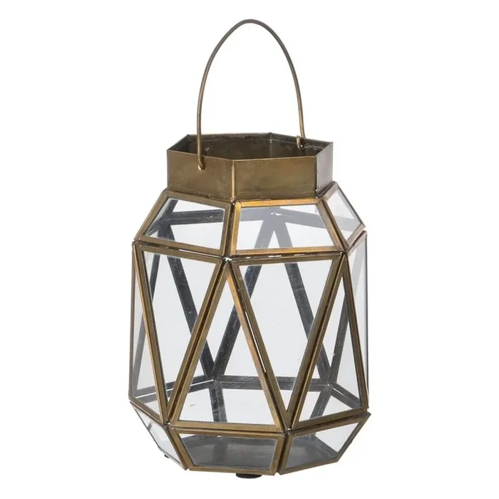 Farol portavelas cristal dorado metal 14 x 14 x 19 cm
